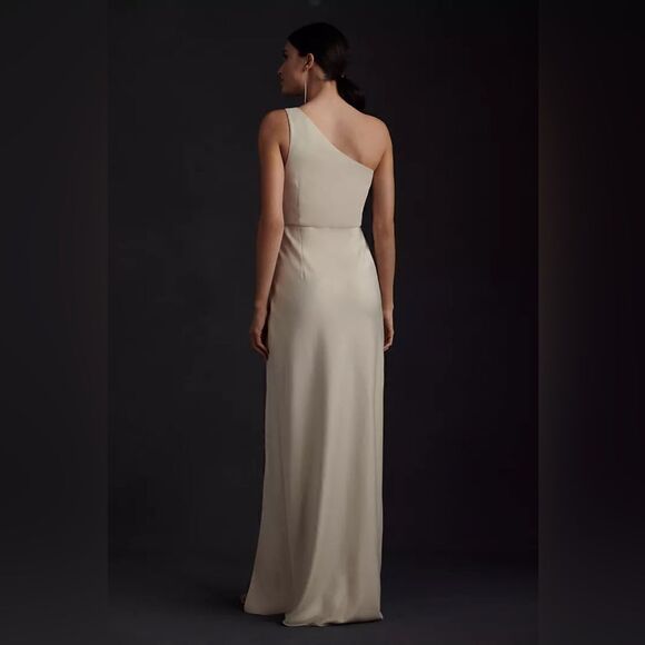 BHLDN Dylan One Shoulder Satin Side Slit Gown in Champagne - Picture 3 of 3